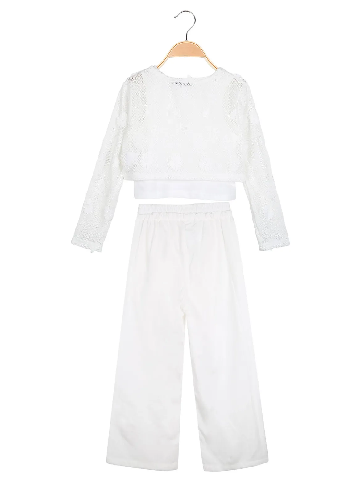 Injuly Completo 3 pezzi da bambina con top traforato e pantaloni misto lino - bianco