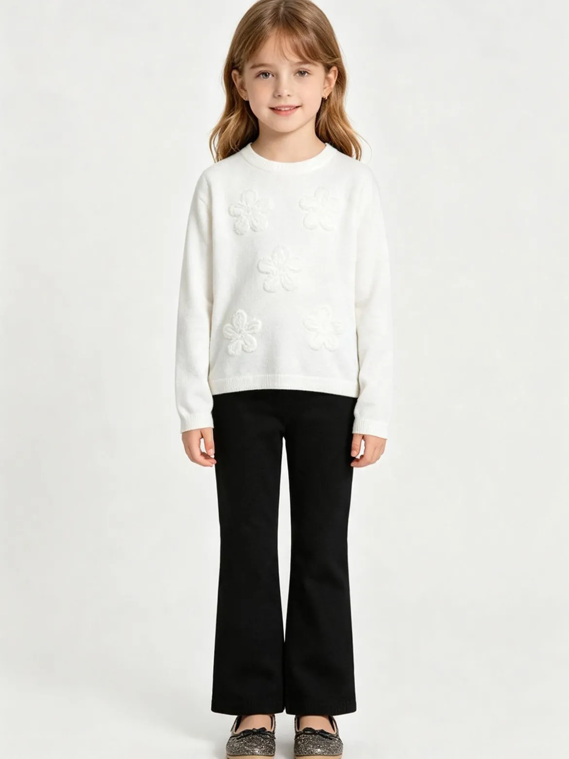 Injuly Completo 2 pezzi da bambina in maglia con ricami - bianco