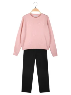 Injuly Completo 2 pezzi da bambina in maglia con ricami - rosa