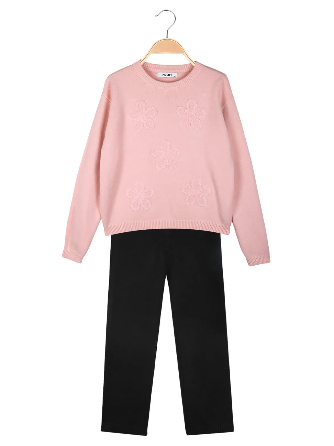 Injuly Completo 2 pezzi da bambina in maglia con ricami - rosa