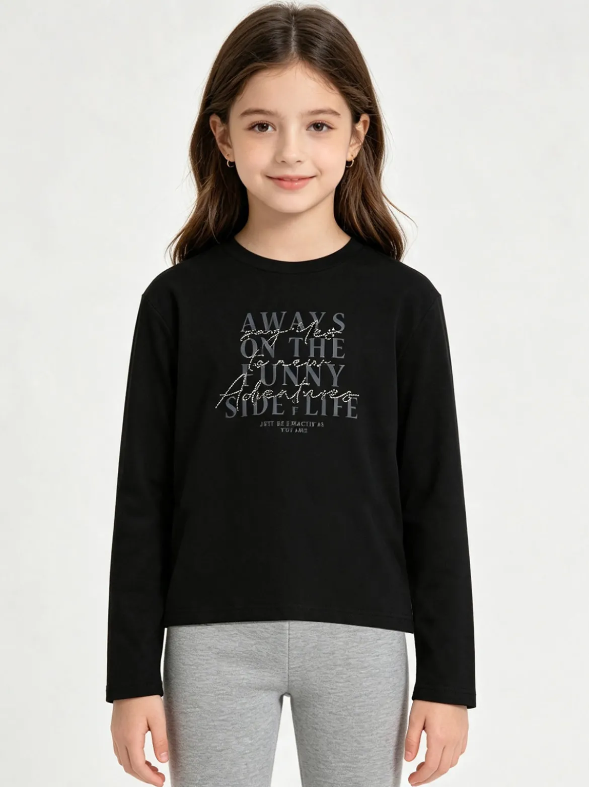 Injuly T-shirt da bambina in cotone a maniche lunghe con stampa - nero