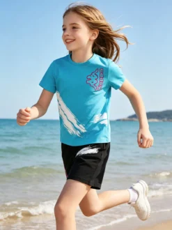 Kappa Completo corto da bambina in cotone con t-shirt e shorts - turchese