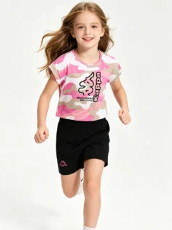 Kappa Completo corto da bambina in cotone con t-shirt mimetica e shorts - rosa