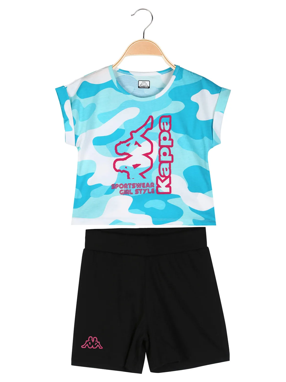 Kappa Completo corto da bambina in cotone con t-shirt mimetica e shorts - turchese