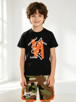 Kappa Completo corto da bambino in cotone con t-shirt e bermuda mimetici - nero
