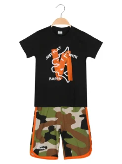 Kappa Completo corto da bambino in cotone con t-shirt e bermuda mimetici - nero