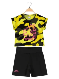 Kappa Completo corto da ragazza in cotone con t-shirt mimetica e shorts - giallo