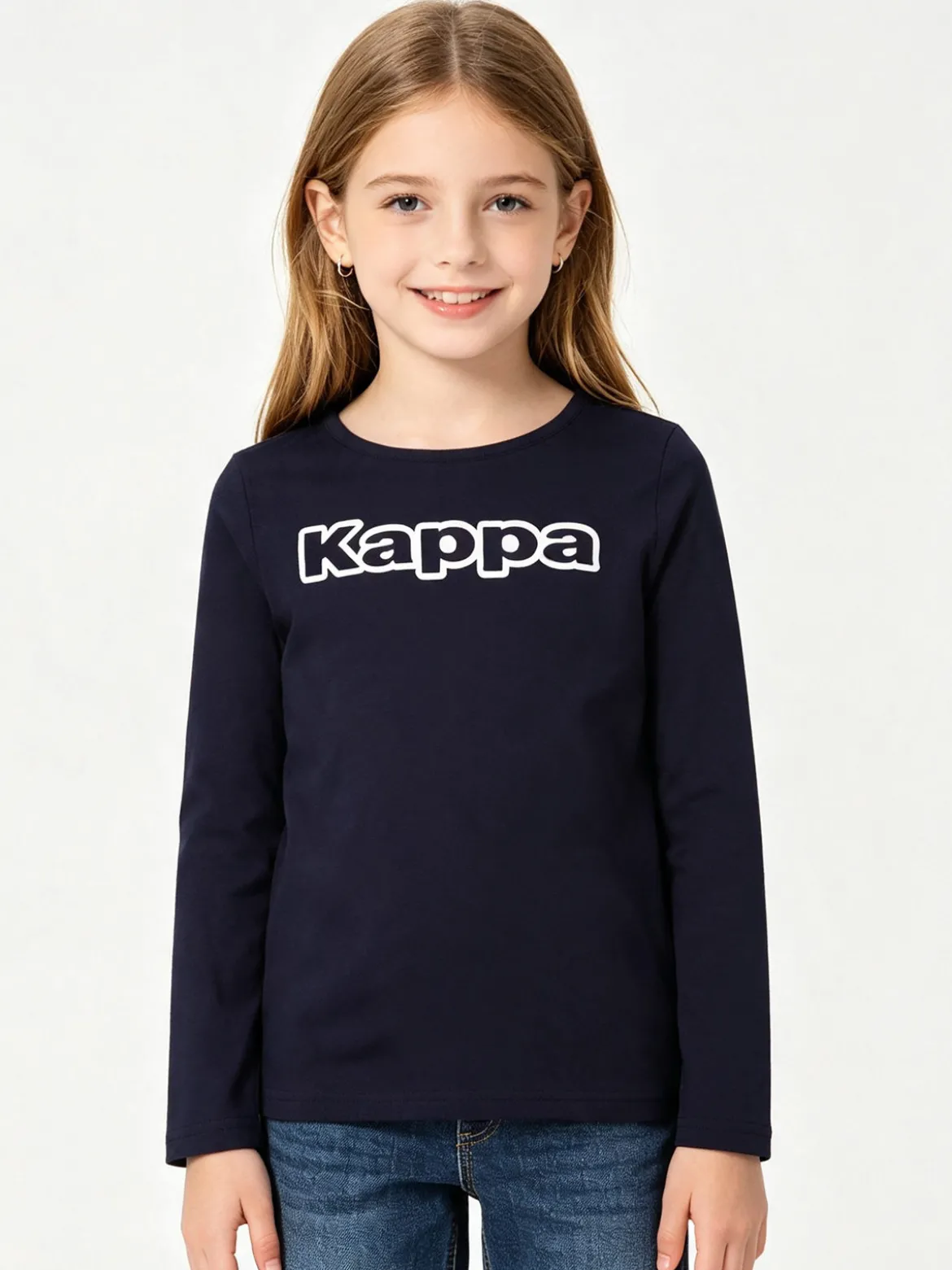 Kappa T-shirt girocollo da bambina a maniche lunghe con logo - blu scuro
