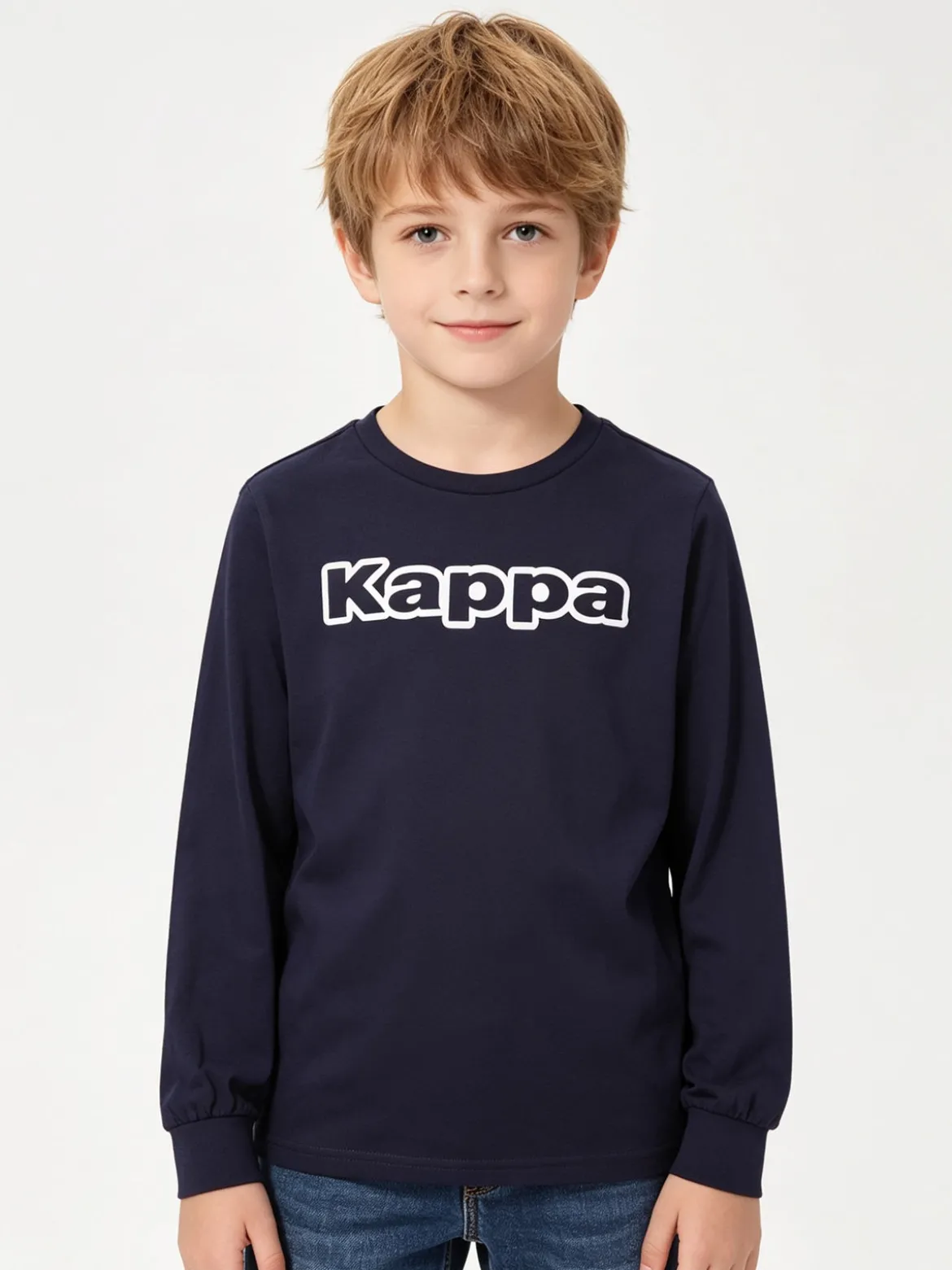 Kappa T-shirt girocollo da bambino a maniche lunghe con logo - blu scuro