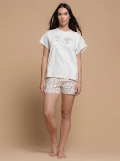 Kissimo Pigiama corto da donna in cotone con shorts floreali - beige