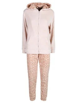 Kissimo Pigiama donna in pile con zip intera e pantaloni animalier - rosa