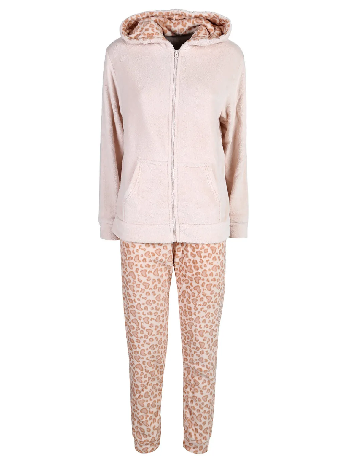 Kissimo Pigiama donna in pile con zip intera e pantaloni animalier - rosa