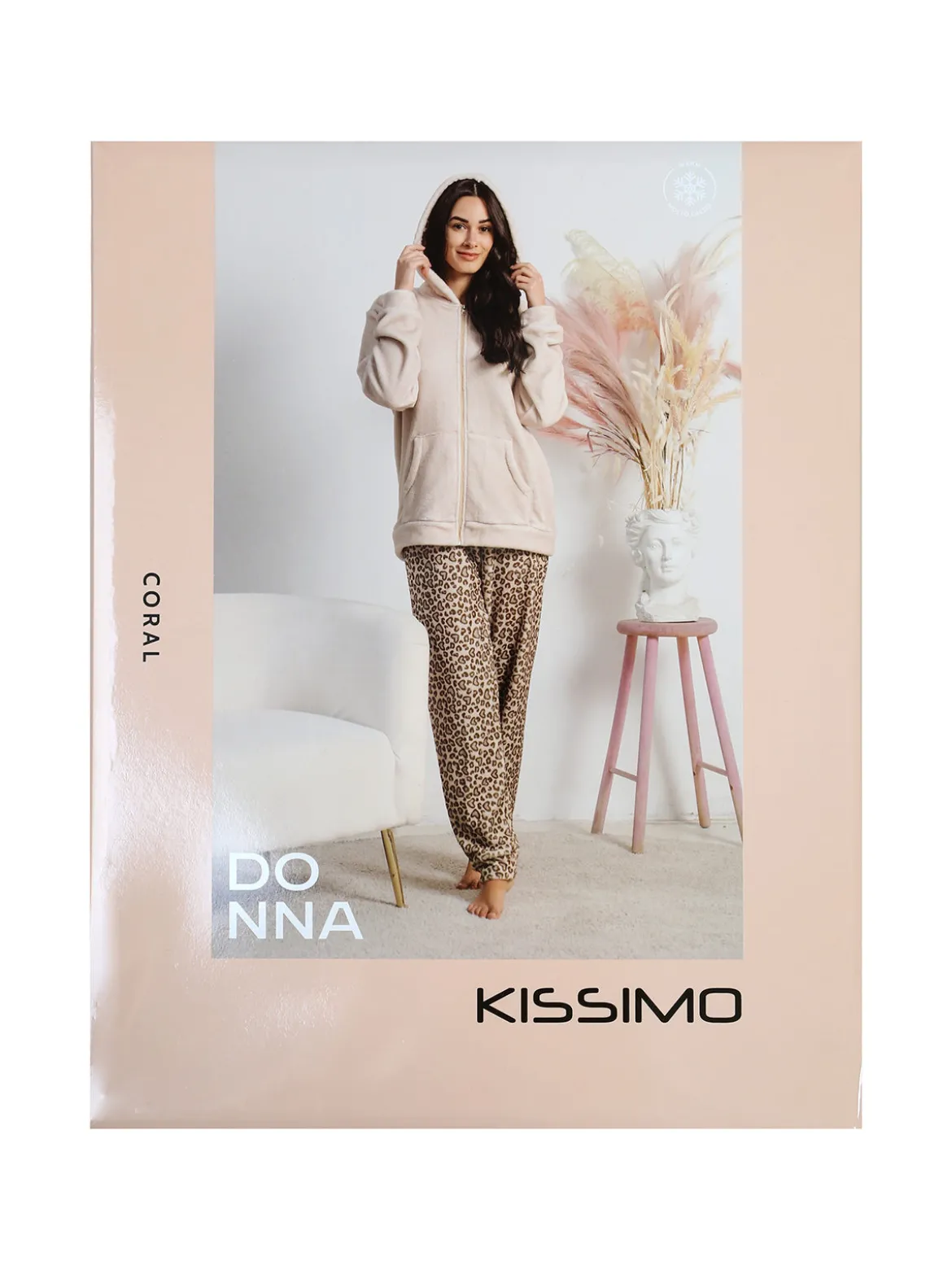 Kissimo Pigiama donna in pile con zip intera e pantaloni animalier - rosa