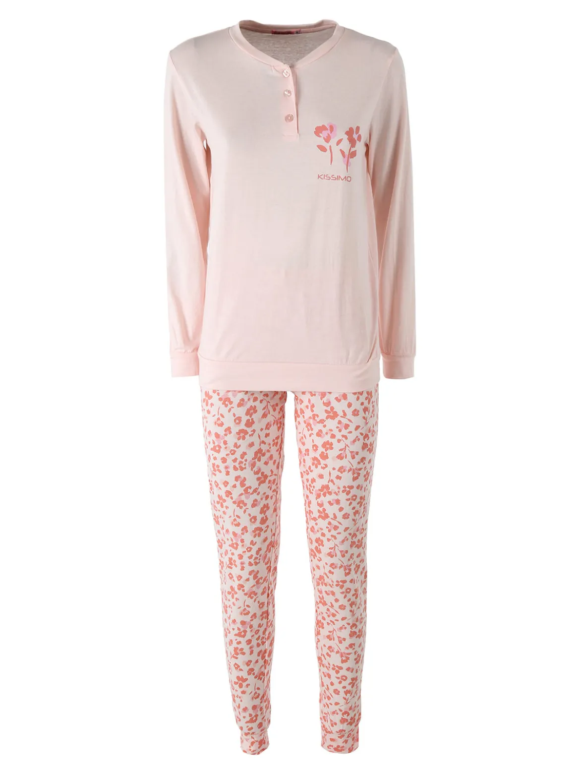 Kissimo Pigiama lungo da donna in cotone con pantaloni maculati - rosa