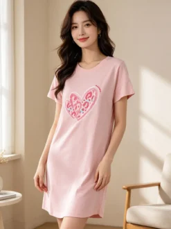 Kissimo Vestitino da donna in cotone a maniche corte con stampa cuore - rosa