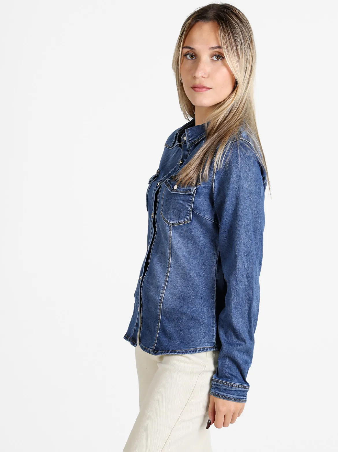 Kiss Pink Camicia in jeans da donna a maniche lunghe - jeans
