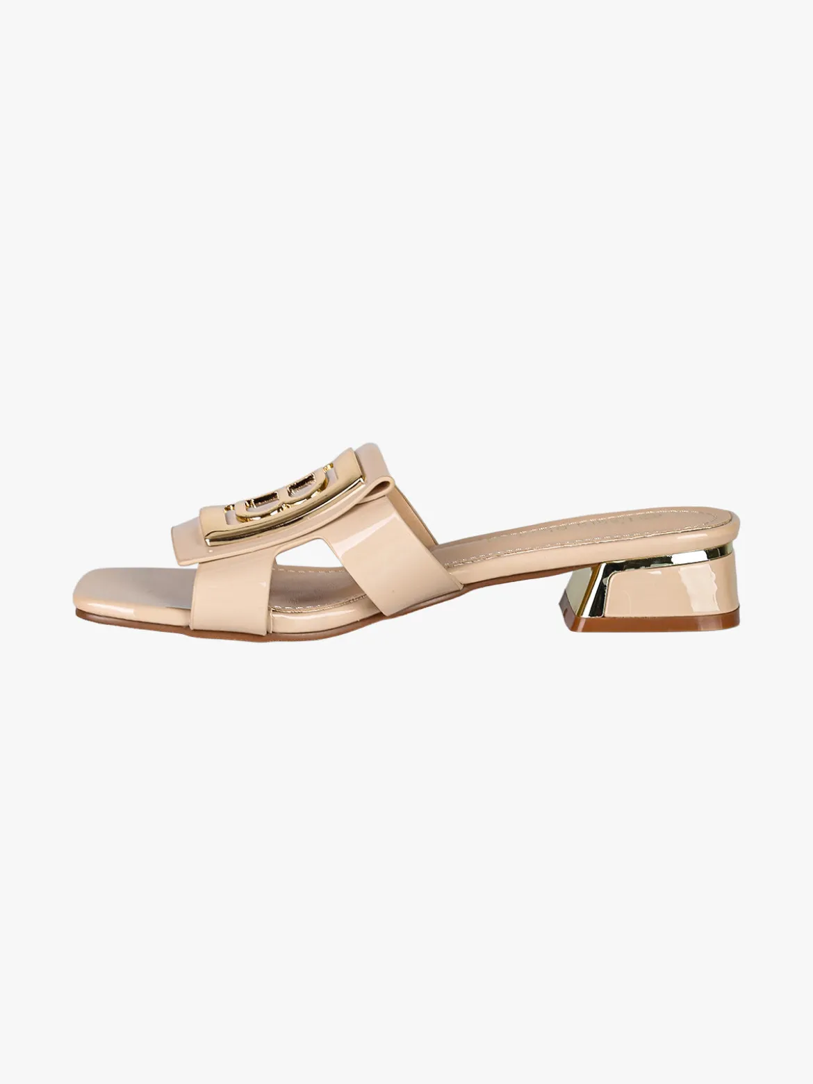 Laura Biagiotti ciabatte donna in vernice con tacco basso e fascia decorativa con logo - beige