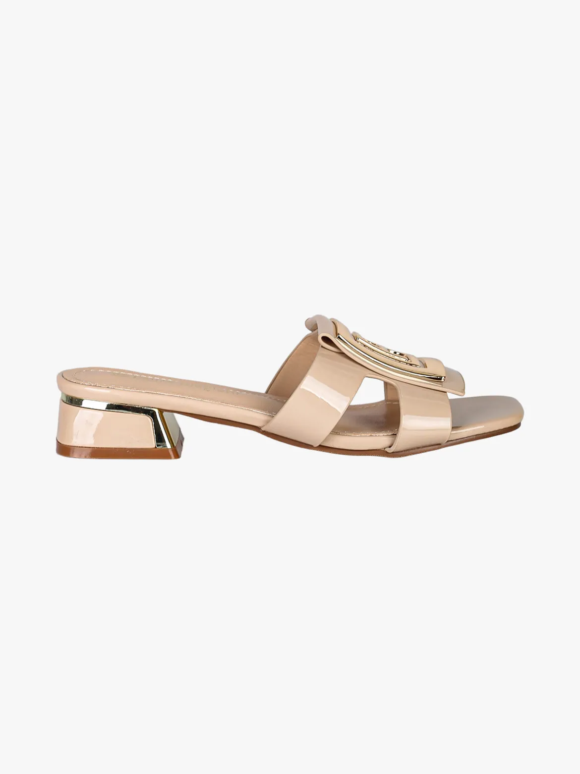 Laura Biagiotti ciabatte donna in vernice con tacco basso e fascia decorativa con logo - beige
