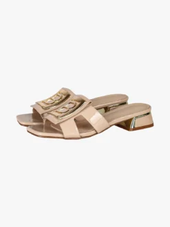 Laura Biagiotti ciabatte donna in vernice con tacco basso e fascia decorativa con logo - beige