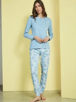 Laura Biagiotti Pigiama lungo da donna in cotone naturale con pantaloni floreali - azzurro
