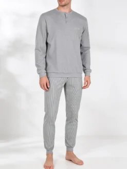 Linea Ambro Pigiama da uomo in cotone interlock con taschino e pantaloni a righe