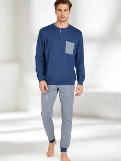 Linea Ambro Pigiama da uomo in cotone interlock con taschino e pantaloni a righe