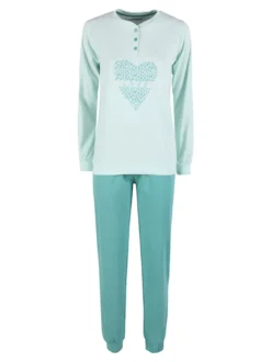 Linea Ambro Pigiama lungo da donna in cotone interlock - acqua marina