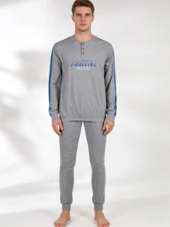Linea Ambro Pigiama lungo da uomo in misto cotone interlock - grigio