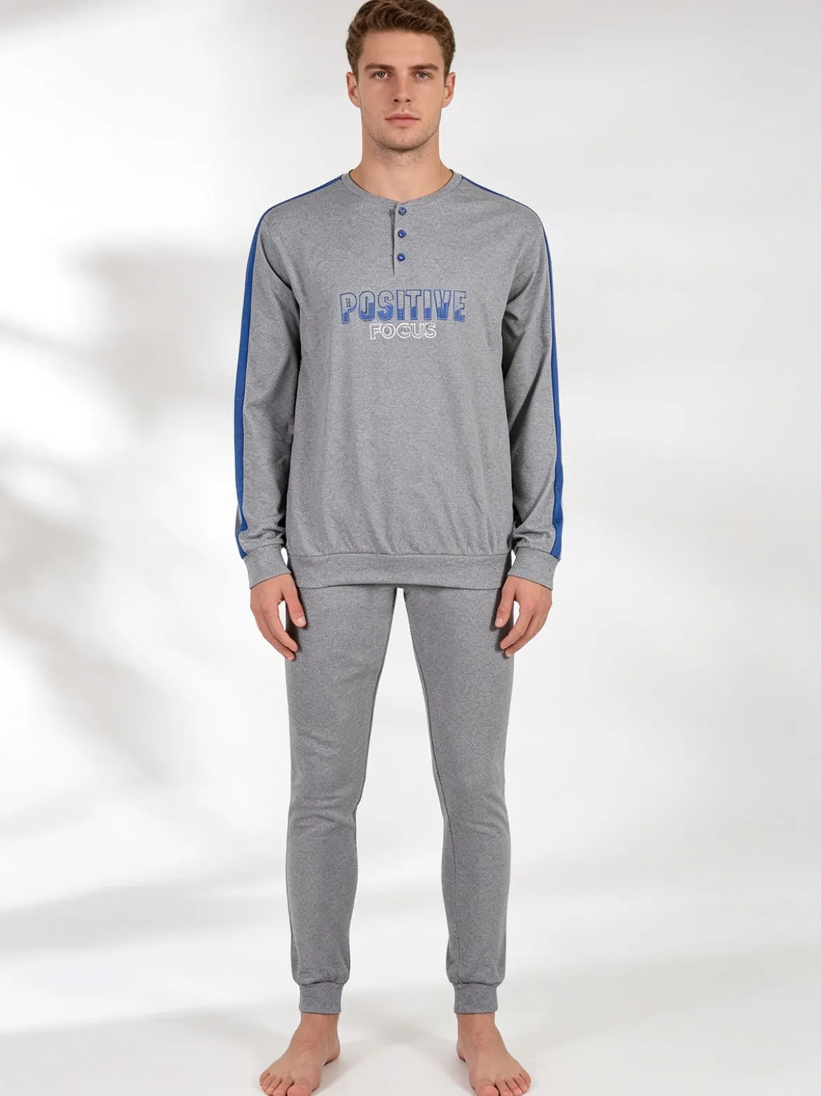 Linea Ambro Pigiama lungo da uomo in misto cotone interlock - grigio