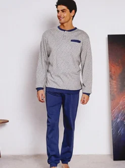 Linea Ambro Pigiama lungo da uomo in misto cotone interlock con taschino - grigio