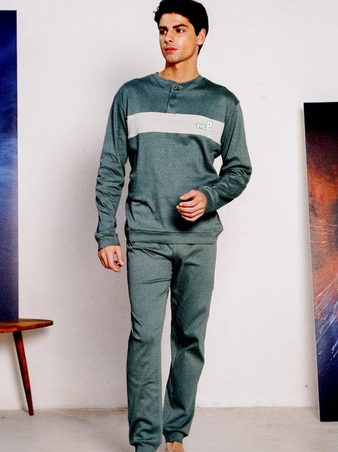 Linea Ambro Pigiama lungo da uomo in misto cotone interlock - verde