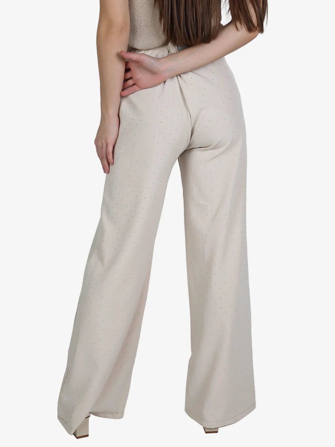 Lisa Style Pantaloni donna a gamba larga con strass