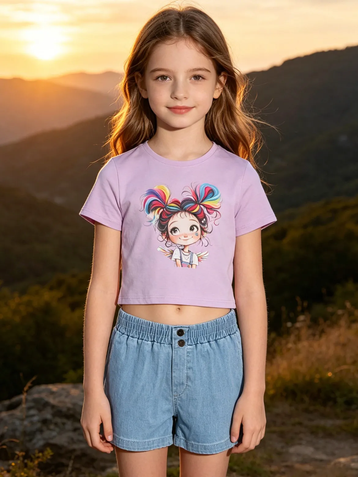Lollitop Completo corto da bambina con t-shirt crop e shorts in jeans