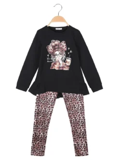 Lollitop Completo 2 pezzi da bambina con maglietta e leggings maculati - nero