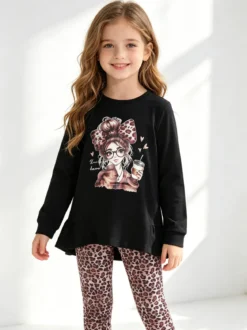 Lollitop Completo 2 pezzi da bambina con maglietta e leggings maculati - nero