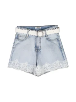 Lollitop Shorts in jeans da ragazza con ricami in pizzo e cintura - jeans