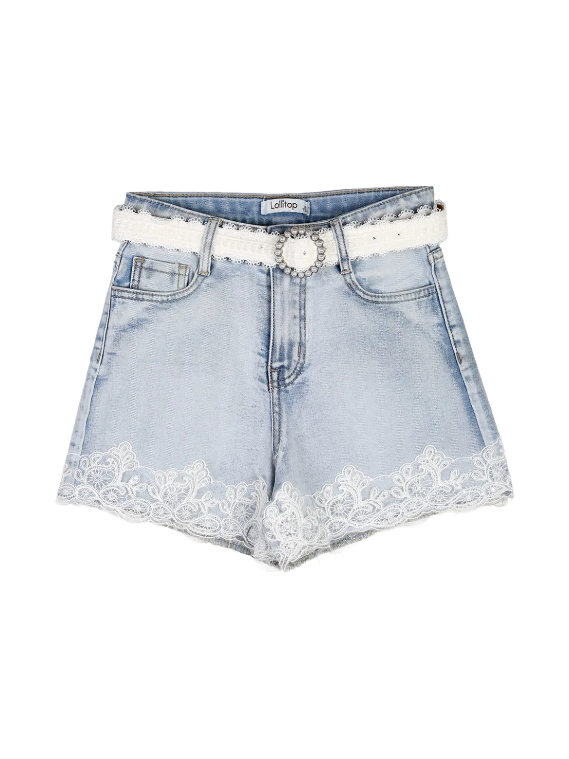 Lollitop Shorts in jeans da ragazza con ricami in pizzo e cintura - jeans