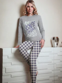 Lonsdale Pigiama lungo da donna in cotone con pantaloni a quadri