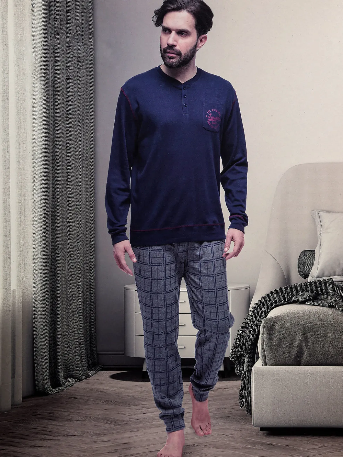 Lonsdale Pigiama lungo da uomo con pantaloni a quadri