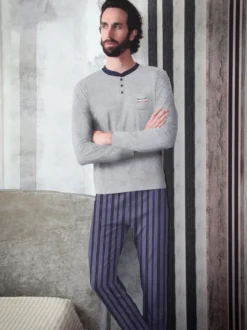 Lonsdale Pigiama lungo da uomo in cotone con pantaloni a righe