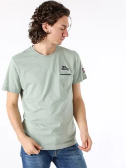 Lonsdale T-shirt da uomo in cotone con taschino a filetto e logo - verde chiaro