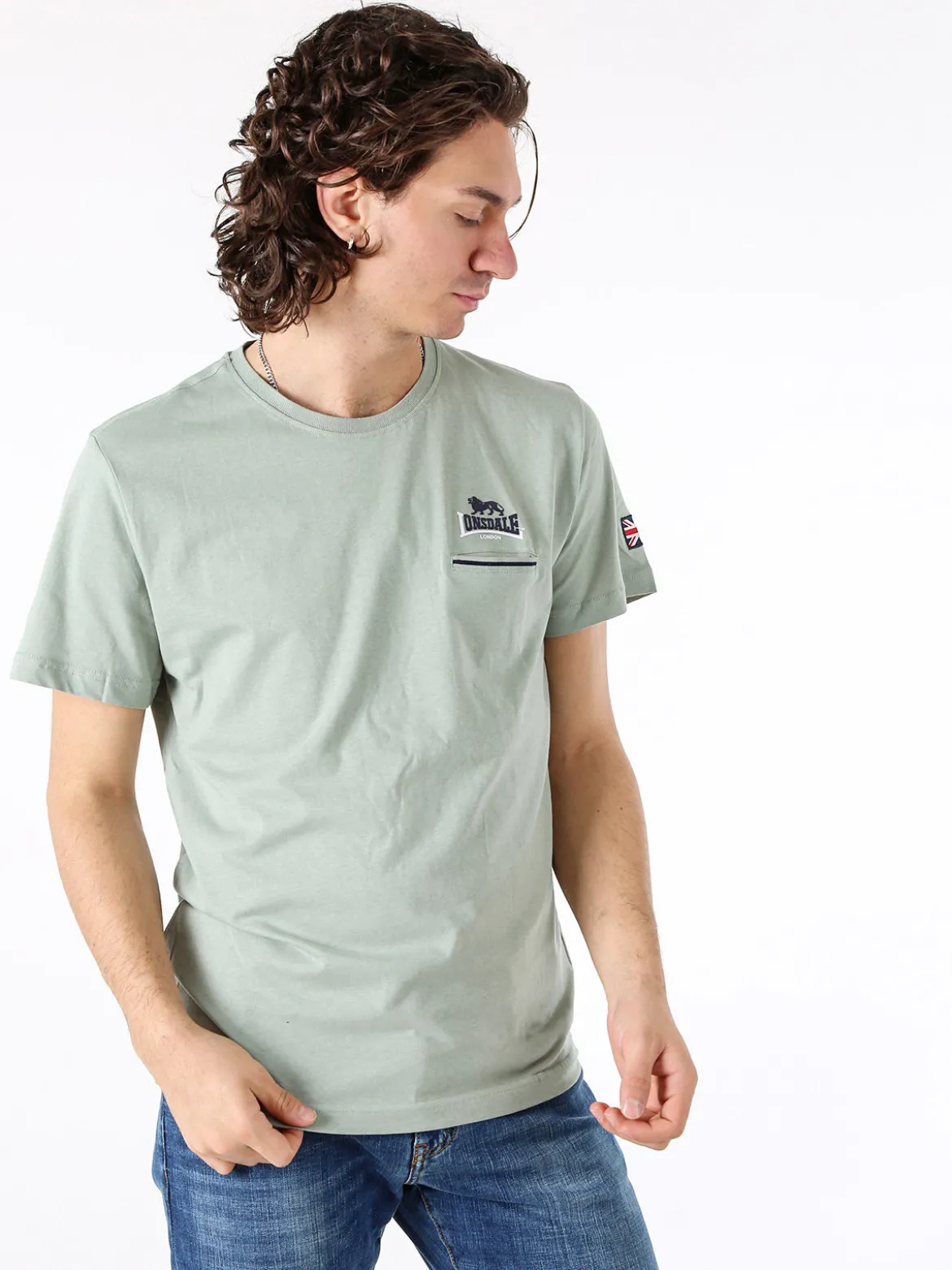Lonsdale T-shirt da uomo in cotone con taschino a filetto e logo - verde chiaro
