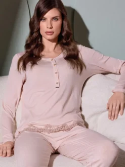 Lormar CHANSON Pigiama lungo da donna in viscosa con dettagli pizzo - rosa