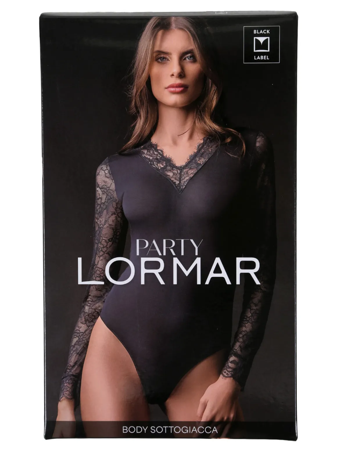 Lormar PARTY body donna a maniche lunghe con scollo a V in pizzo - nero