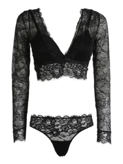 Lormar Party coordinato intimo donna in pizzo con top a maniche lunghe + brasiliana - nero