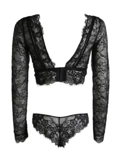 Lormar Party coordinato intimo donna in pizzo con top a maniche lunghe + brasiliana - nero