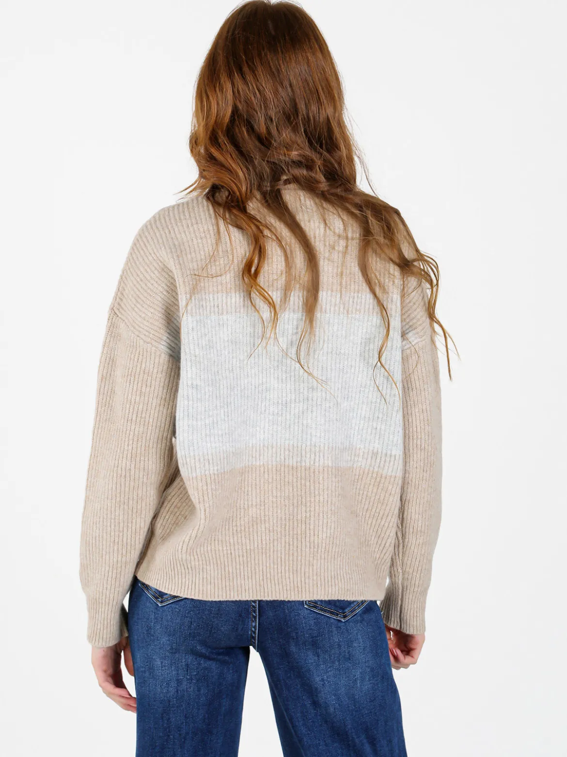 Louise Doro Maglione donna accollato a blocchi di colore con strass - beige