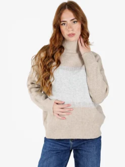 Louise Doro Maglione donna accollato a blocchi di colore con strass - beige
