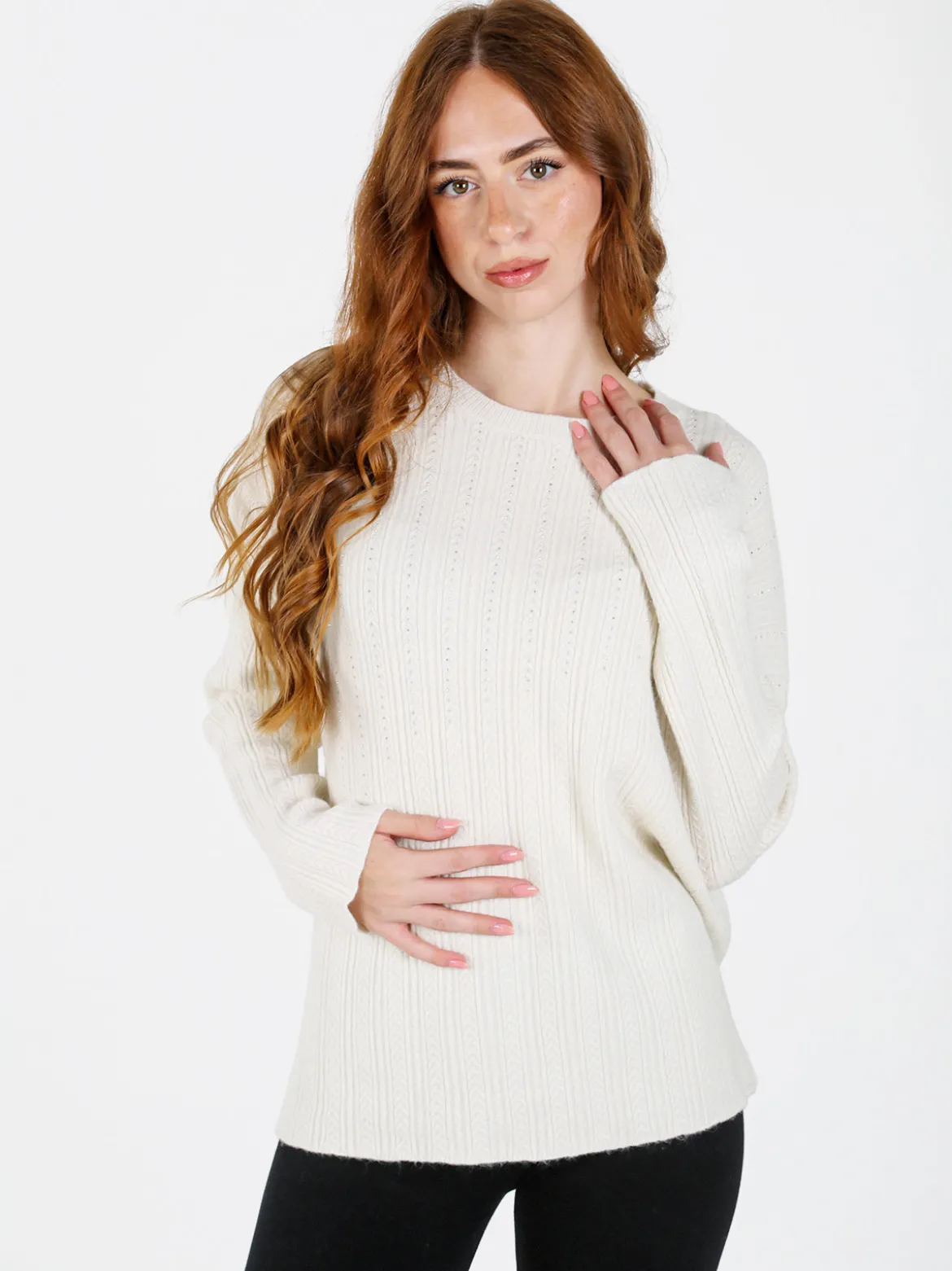 Louise Doro Maglione donna oversize a trecce con strass - panna
