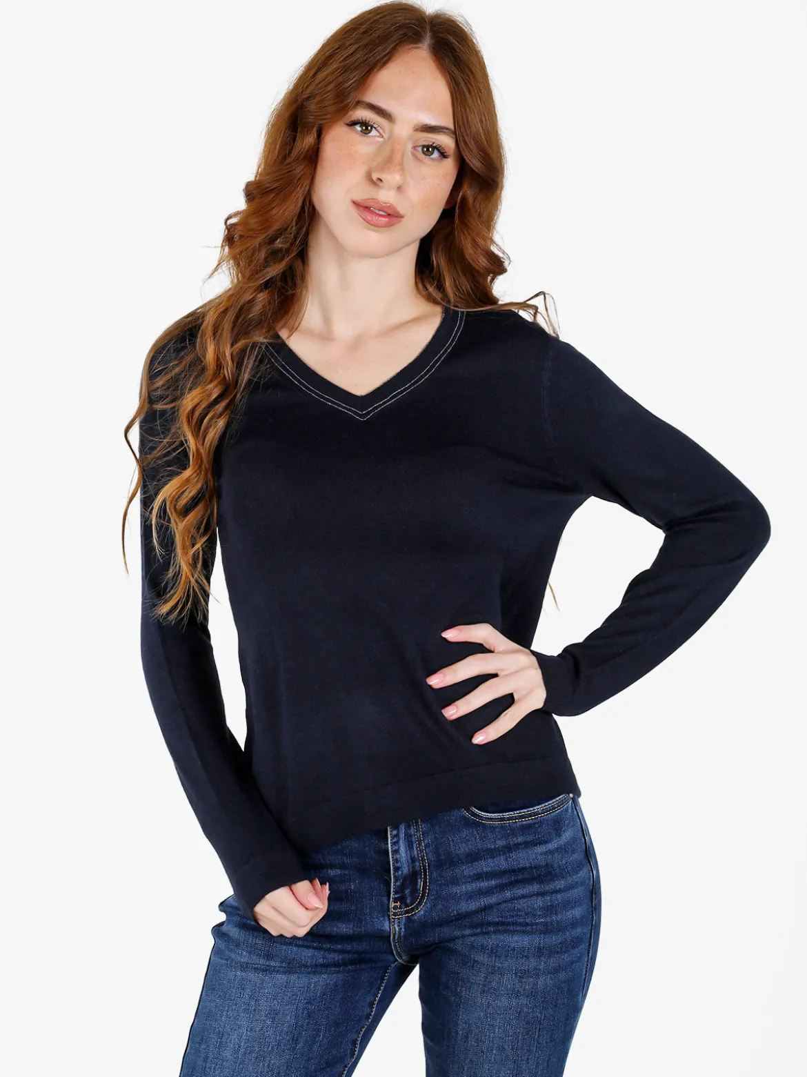 Louise Doro Pullover donna in maglia con scollo a V - blu scuro